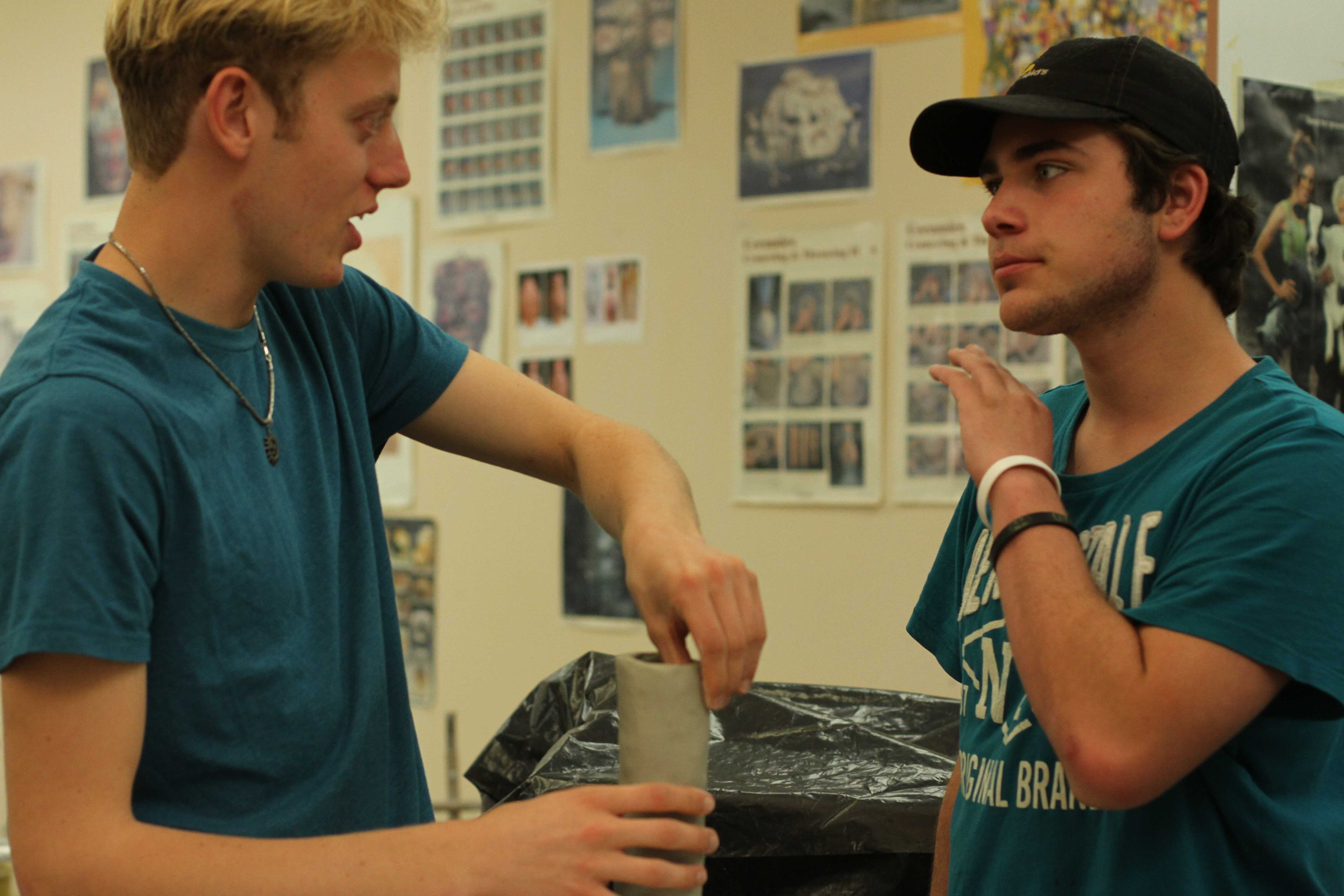 In Mr. Brad Cordell’s Ceramics class third period, seniors Konrad Shepherd and Michael Van Airsdale talk about Smash Bros characters and which are their favorites. As they discussed what characters they looked forward to seeing in the next update, Shepherd and Van Airsdale talked about what characters were their favorites. “I like Sonic because he is one of the fastest characters in the game and practically all his moves turn into combos,” Van Airsdale said. Photo by Nicole Svistun