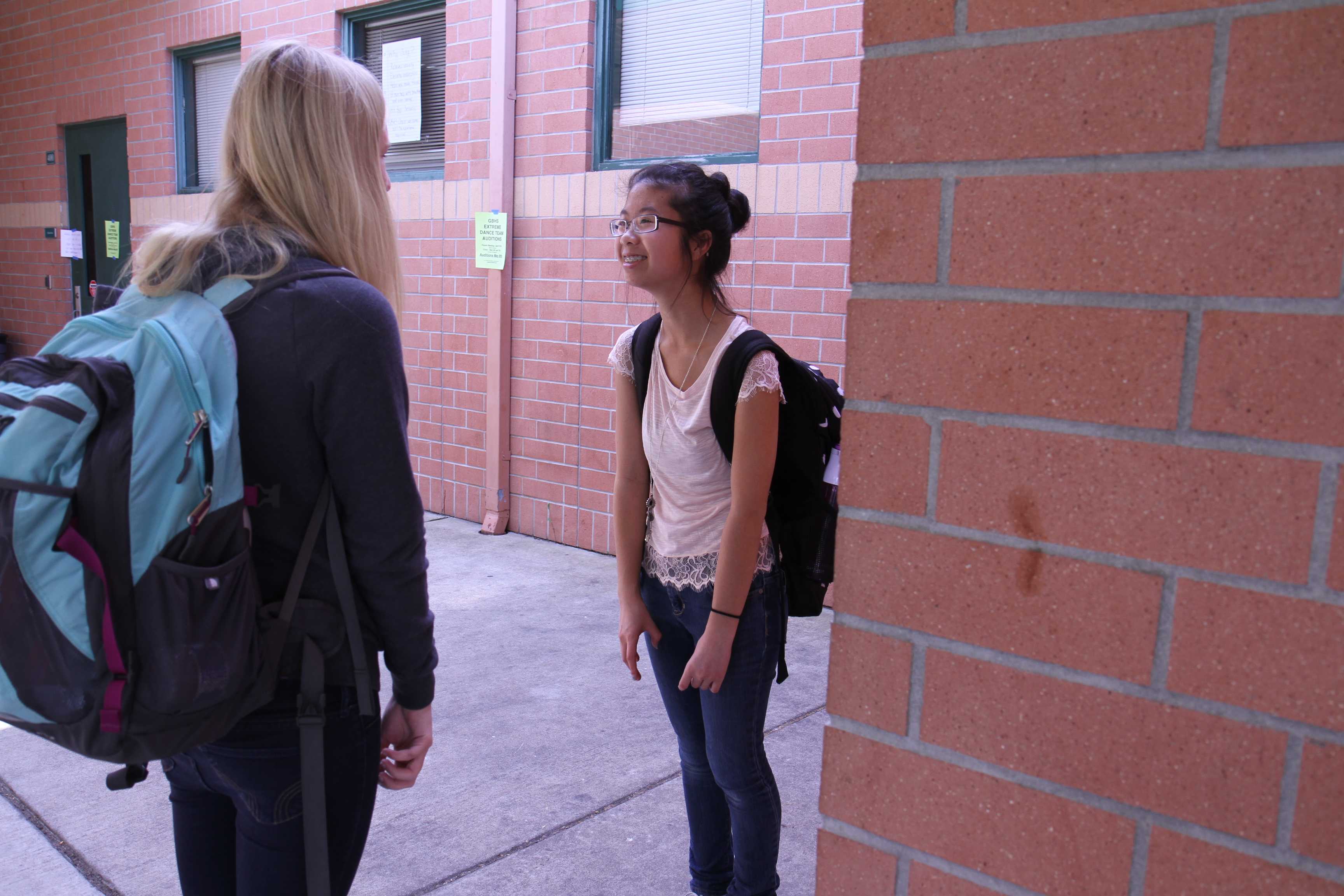 NUMBER TALK: If math was faster and easier, freshman Megan Tran and Emma Scholes would have enjoyed it a lot more. Tran is in algebra 2, but doesn’t think it’s much harder than integrated math. “I don’t like it, it takes a long time for me to do. I’d love for it to be easier,” Tran said. Photo by Ava Lindley